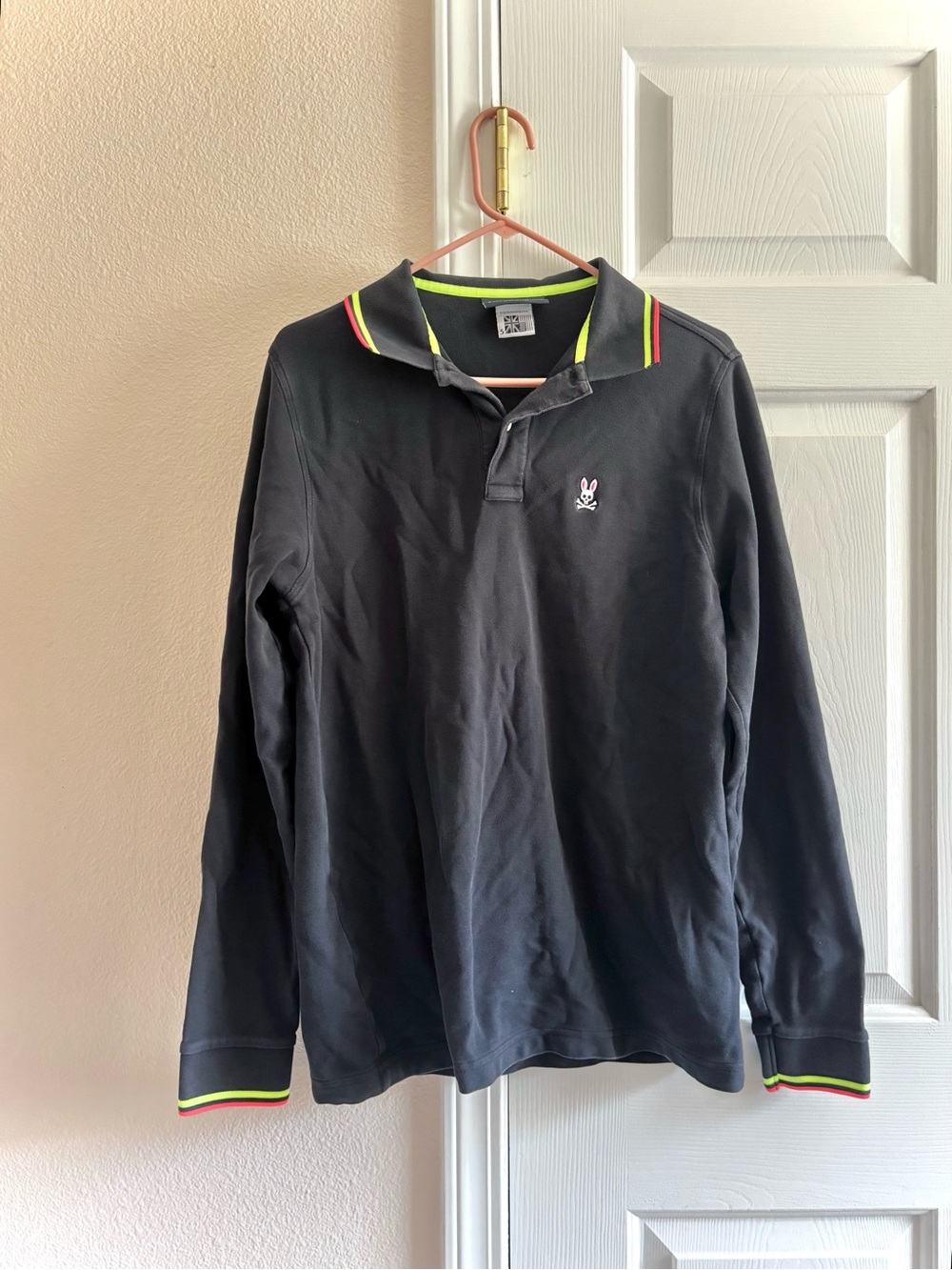 Psycho Bunny Navy Long Sleeve Slim Fit Polo Shirt Pima Cotton Mens Size 6 (L)